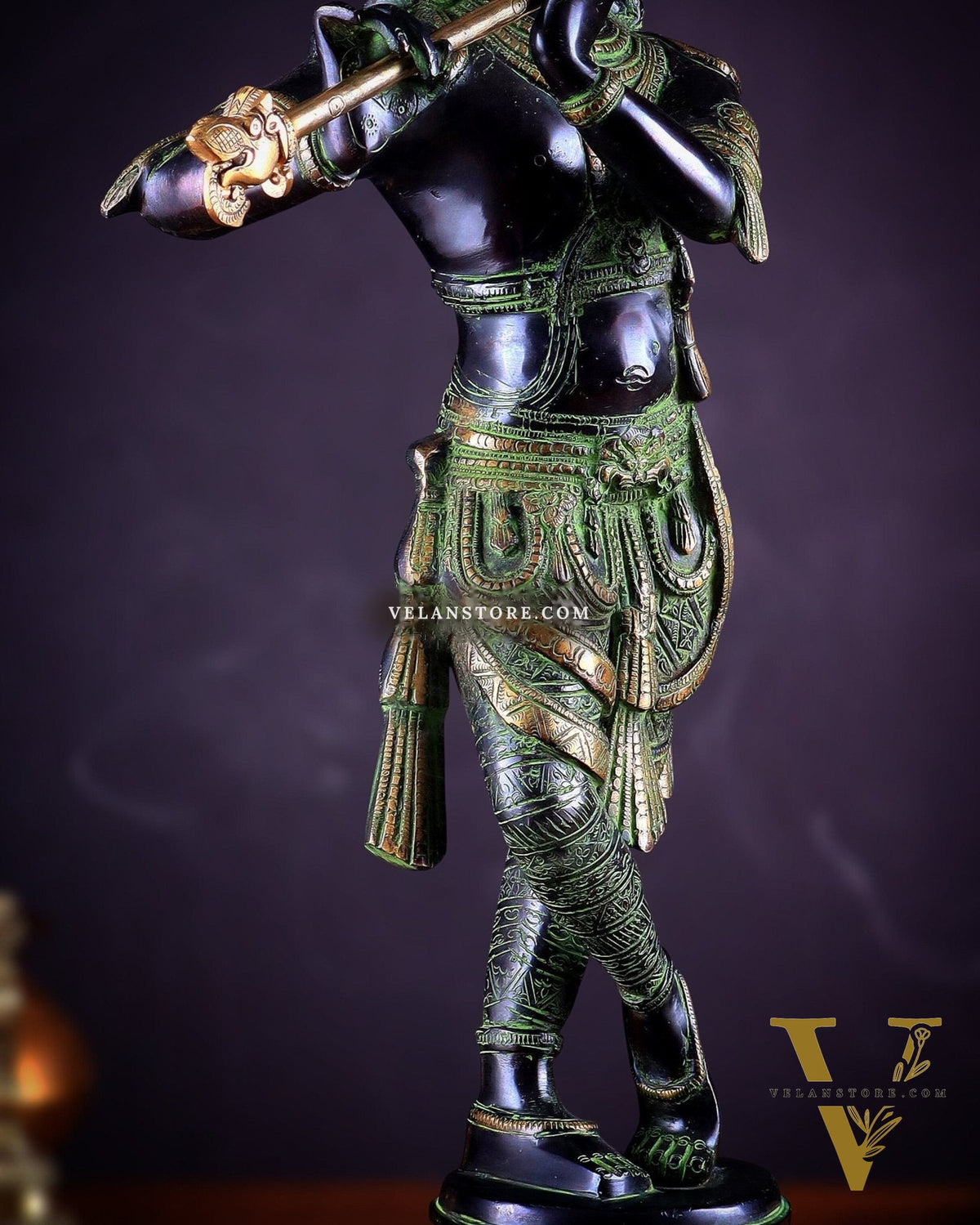 Pure Brass Lord Krishna Statue - Black, green and Gold Finish, 23 Inches