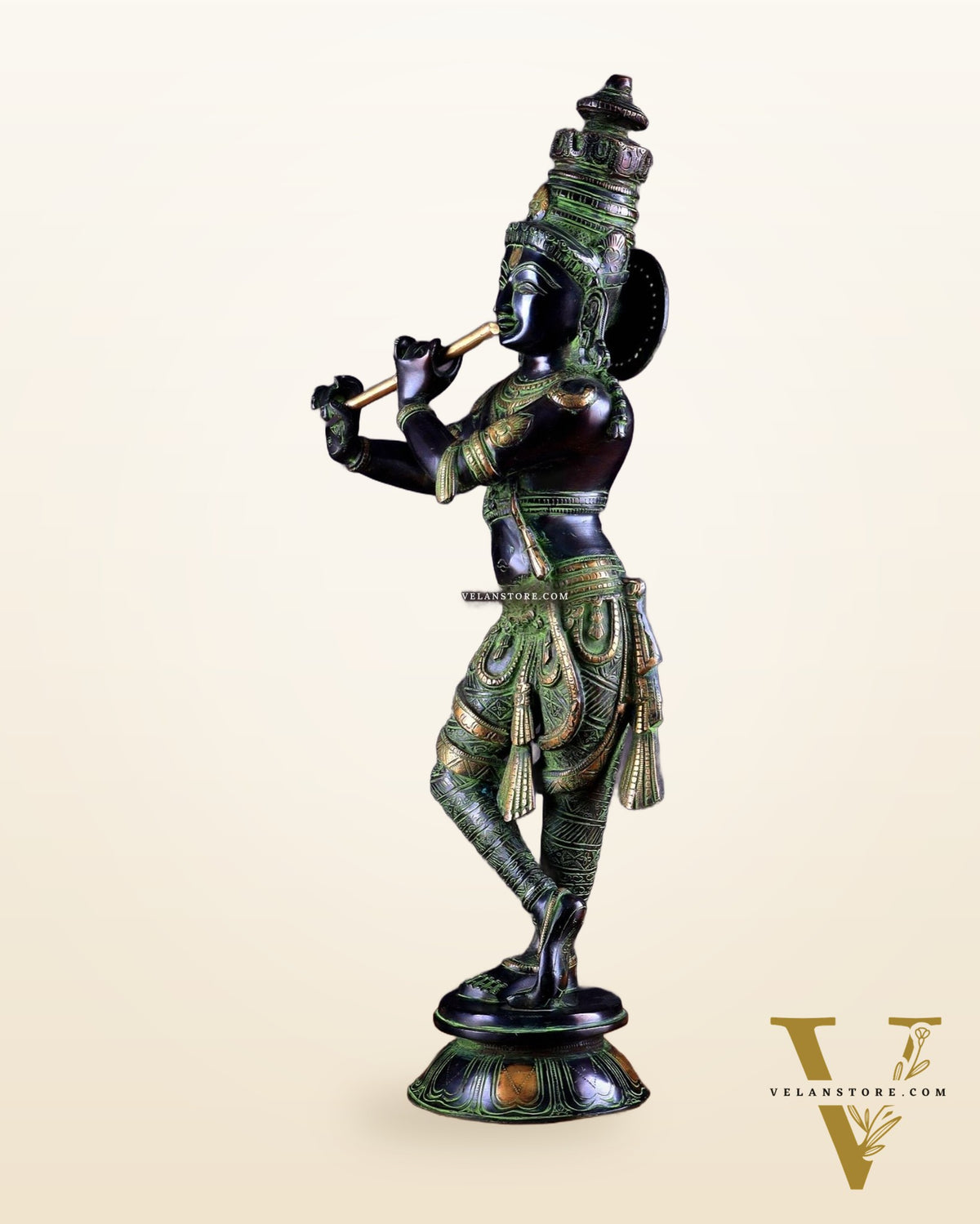 Pure Brass Lord Krishna Statue - Black, green and Gold Finish, 23 Inches