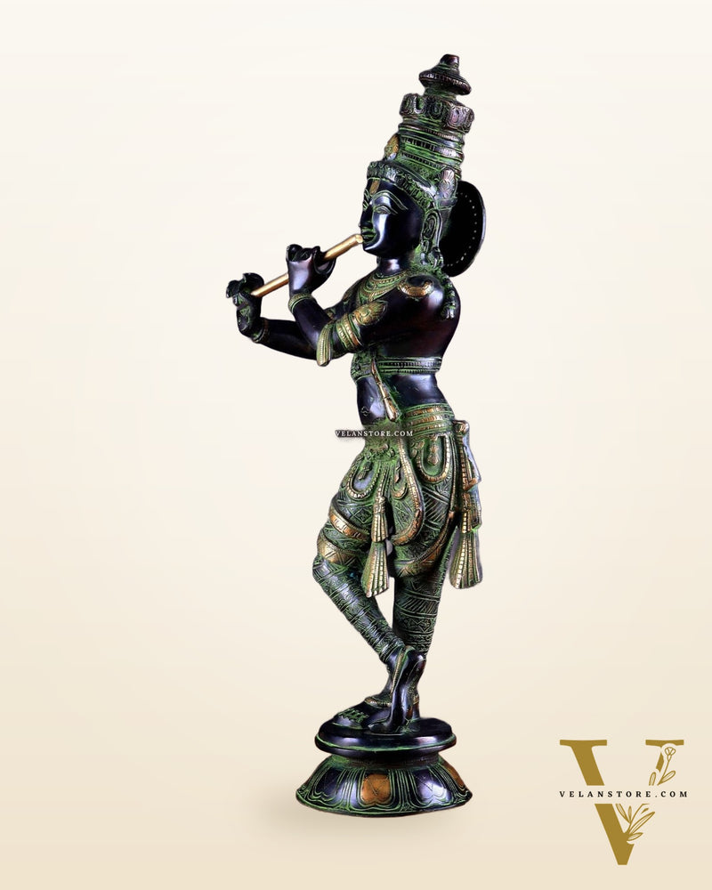 Pure Brass Lord Krishna Statue - Black, green and Gold Finish, 23 Inches