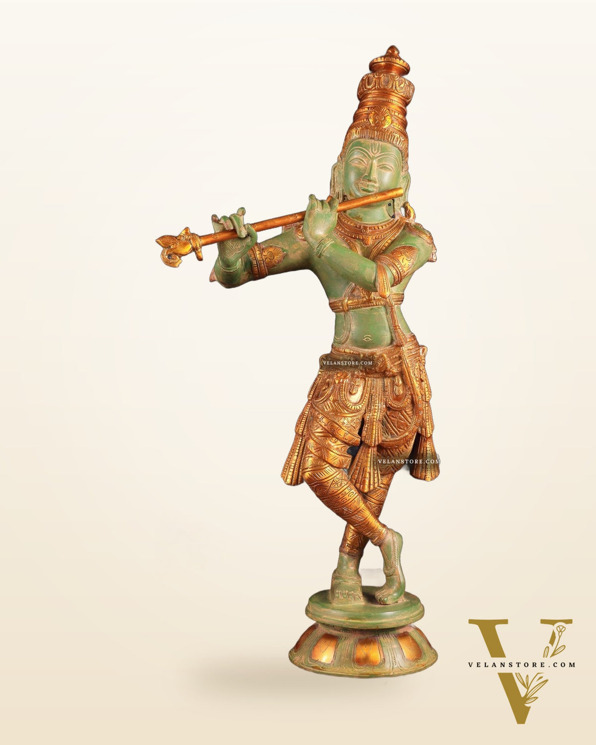 Pure Brass Lord Krishna Statue - green patina , 23 Inches