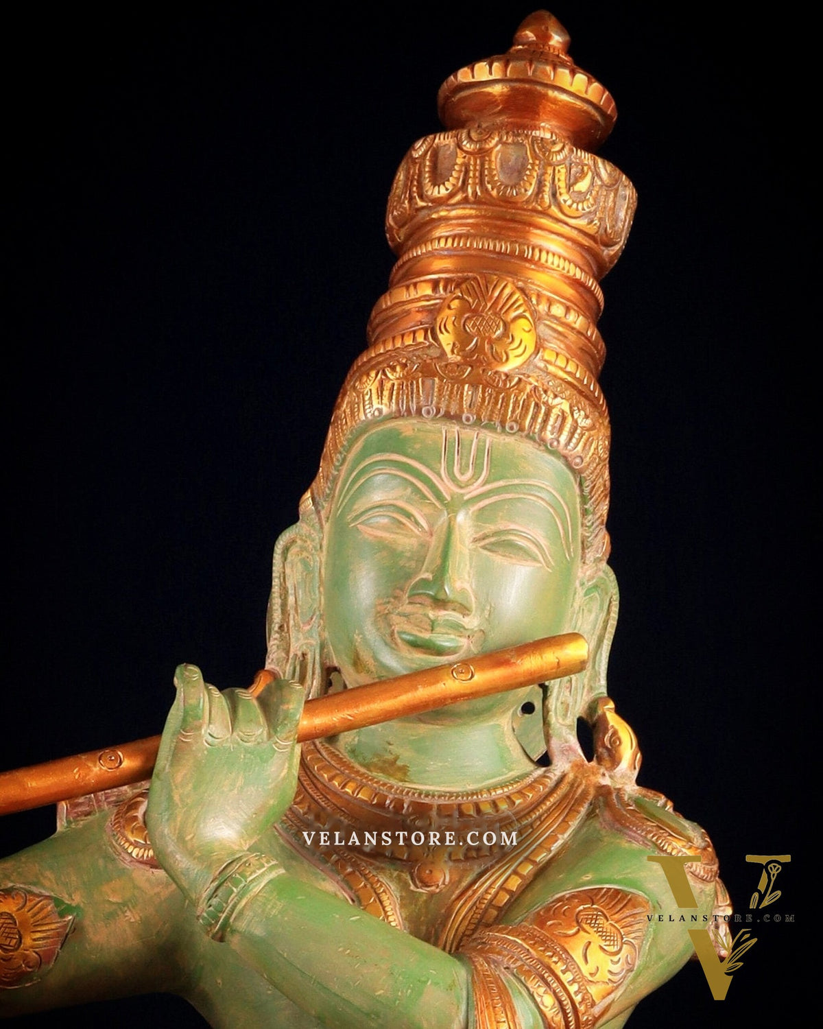 Pure Brass Lord Krishna Statue - green patina , 23 Inches