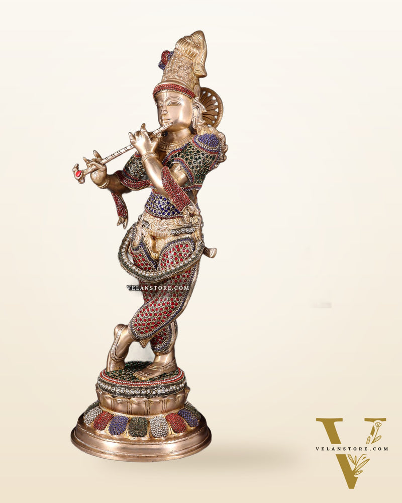 Pure Brass Lord Krishna Statue jewel work 22 inch