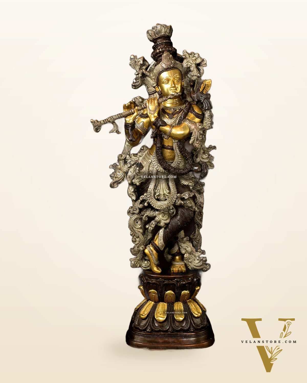 Pure Brass Lord Krishna Statue - Three Tone Finish | 30 Inch Height