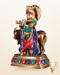 Pure Brass Lord Krishna Statue with cow idol 9"