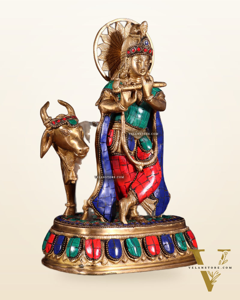 Pure Brass Lord Krishna Statue with cow idol 9"