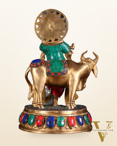 Pure Brass Lord Krishna Statue with cow idol 9"
