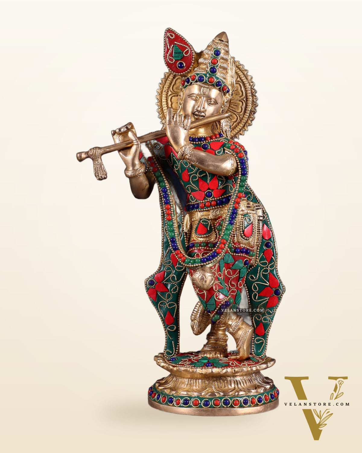 Pure Brass Lord Krishna Statue with Floral Stonework 11"