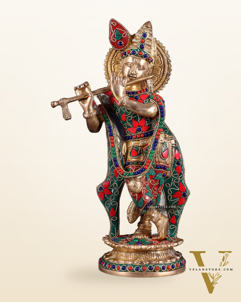 Pure Brass Lord Krishna Statue with Floral Stonework 11"