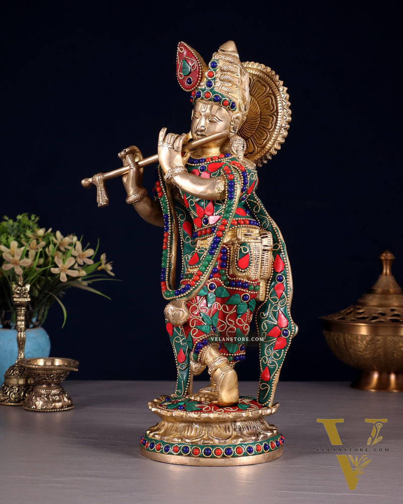 Pure Brass Lord Krishna Statue with Floral Stonework 11"