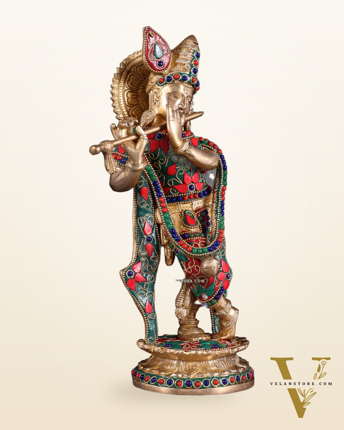 Pure Brass Lord Krishna Statue with Floral Stonework 11"