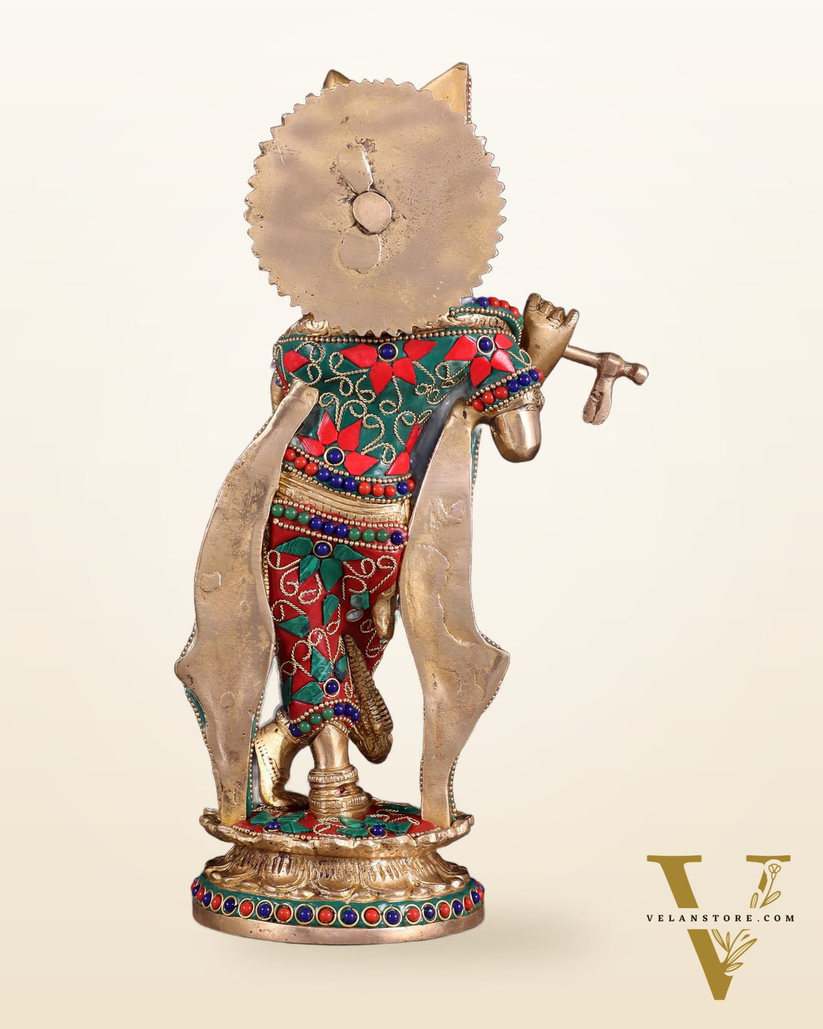 Pure Brass Lord Krishna Statue with Floral Stonework 11"