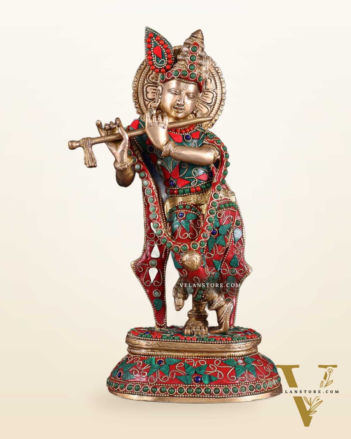 Pure Brass Lord Krishna Statue with Floral Stonework 11.5"