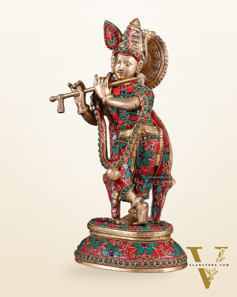 Pure Brass Lord Krishna Statue with Floral Stonework 11.5"
