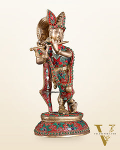 Pure Brass Lord Krishna Statue with Floral Stonework 11.5"