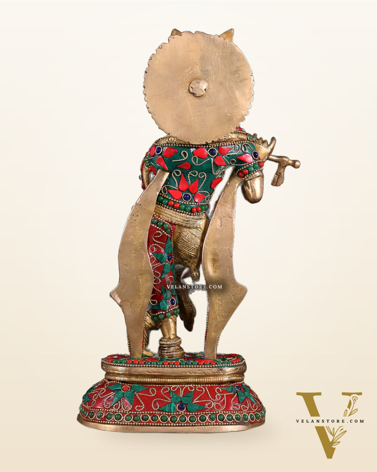 Pure Brass Lord Krishna Statue with Floral Stonework 11.5"
