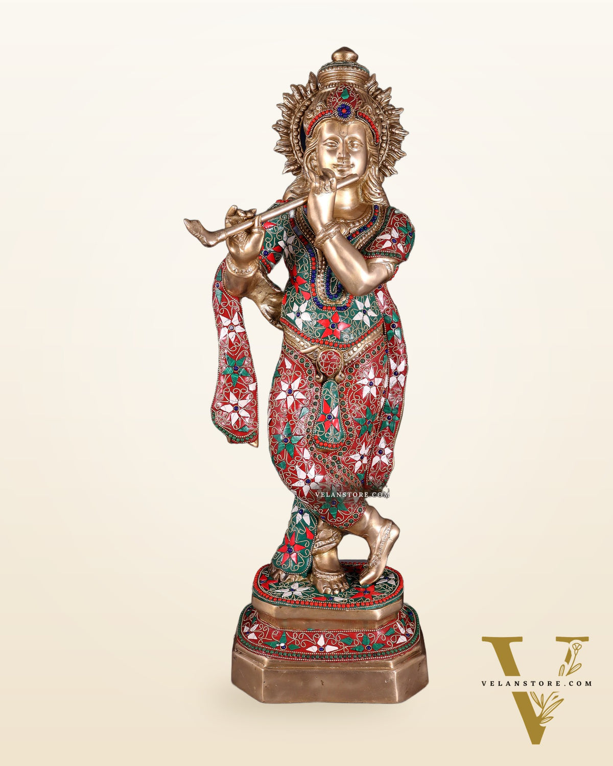 Pure Brass Lord Krishna Statue with Floral Stonework 25"