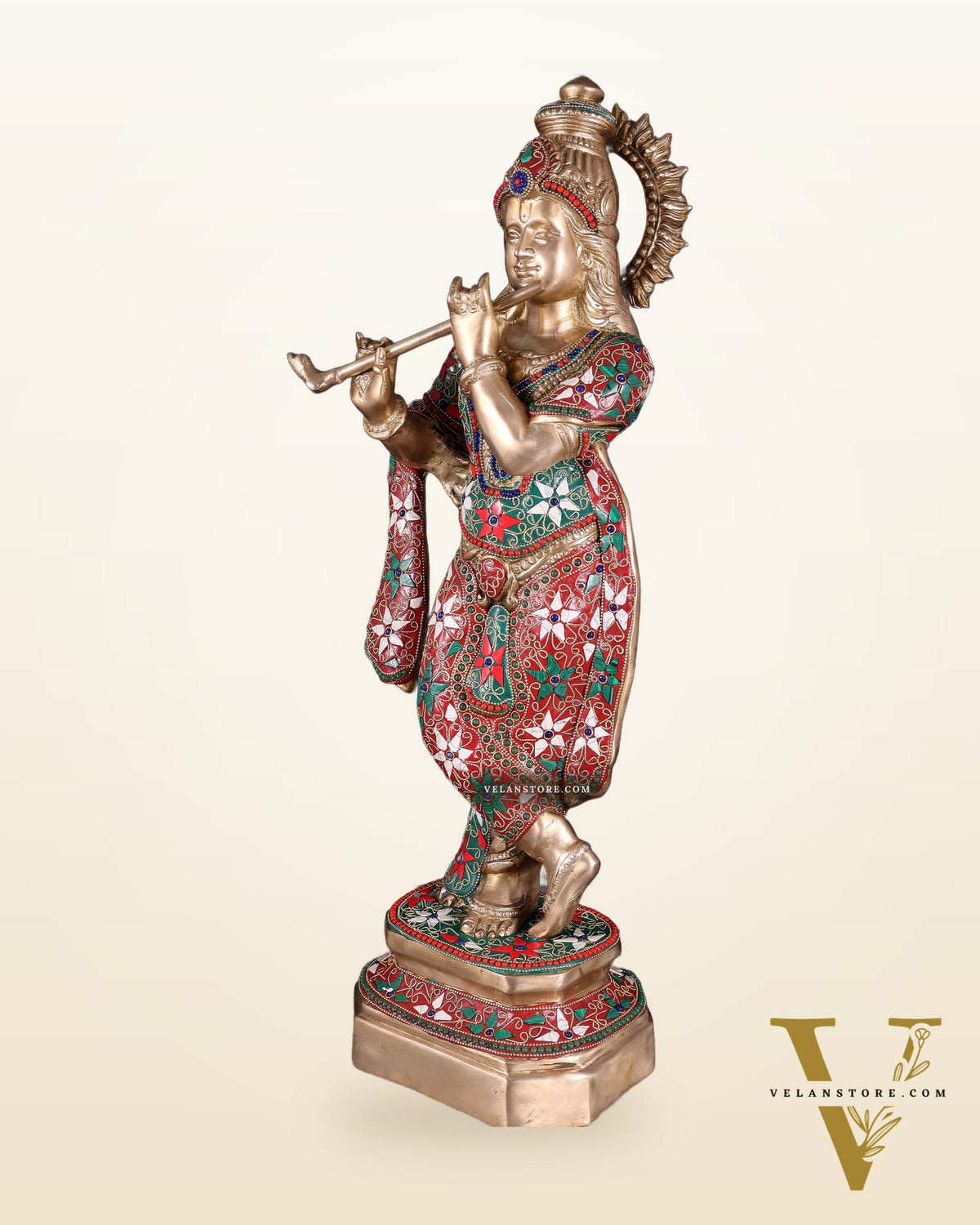 Pure Brass Lord Krishna Statue with Floral Stonework 25"