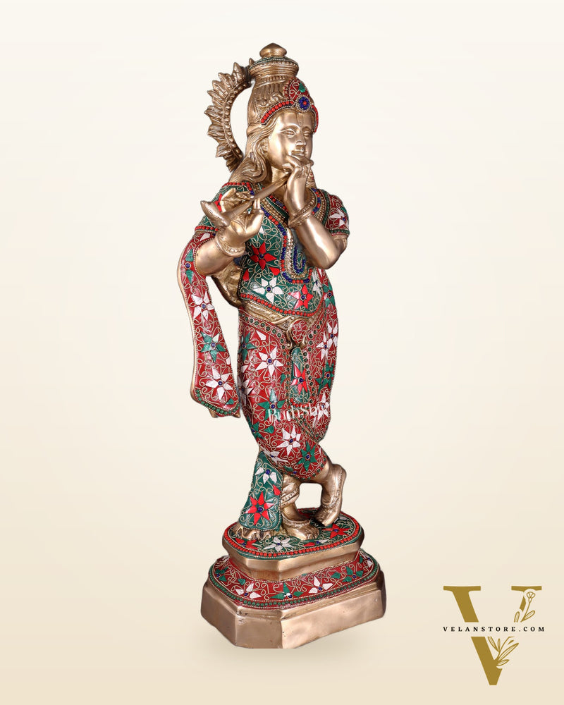 Pure Brass Lord Krishna Statue with Floral Stonework 25"
