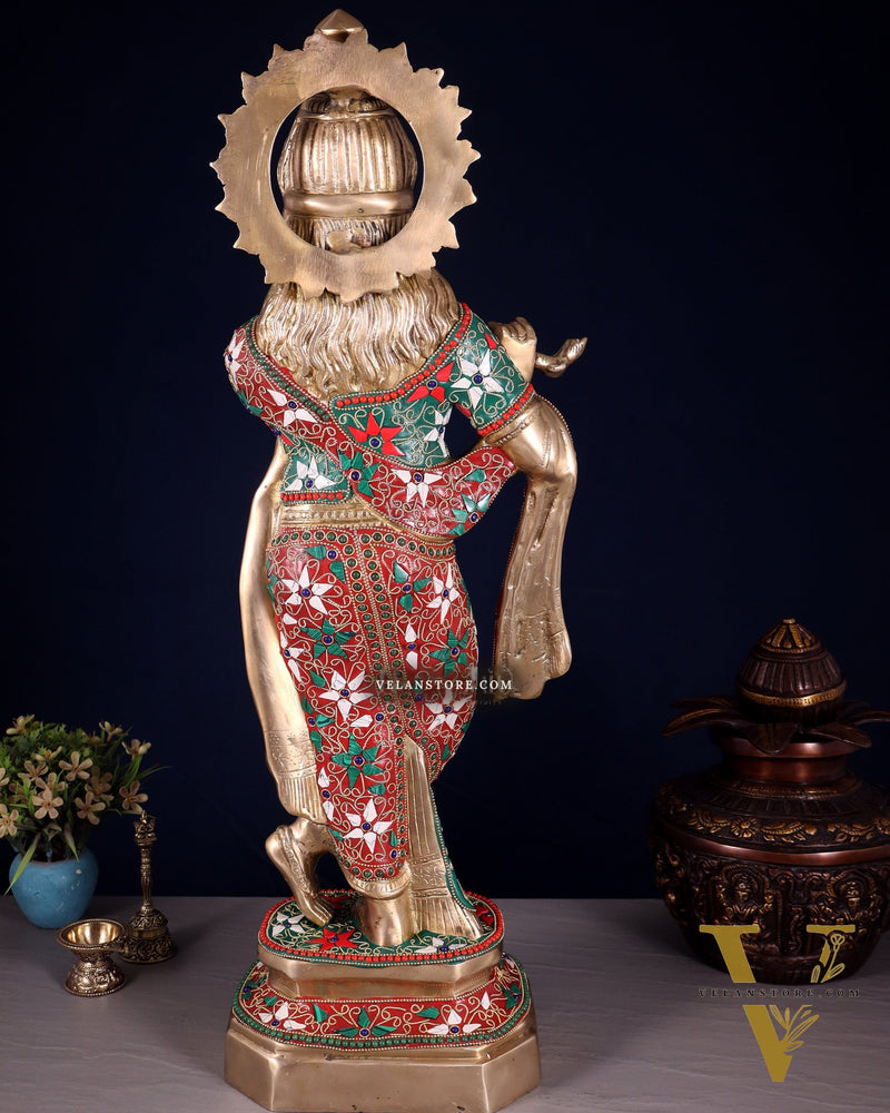Pure Brass Lord Krishna Statue with Floral Stonework 25"