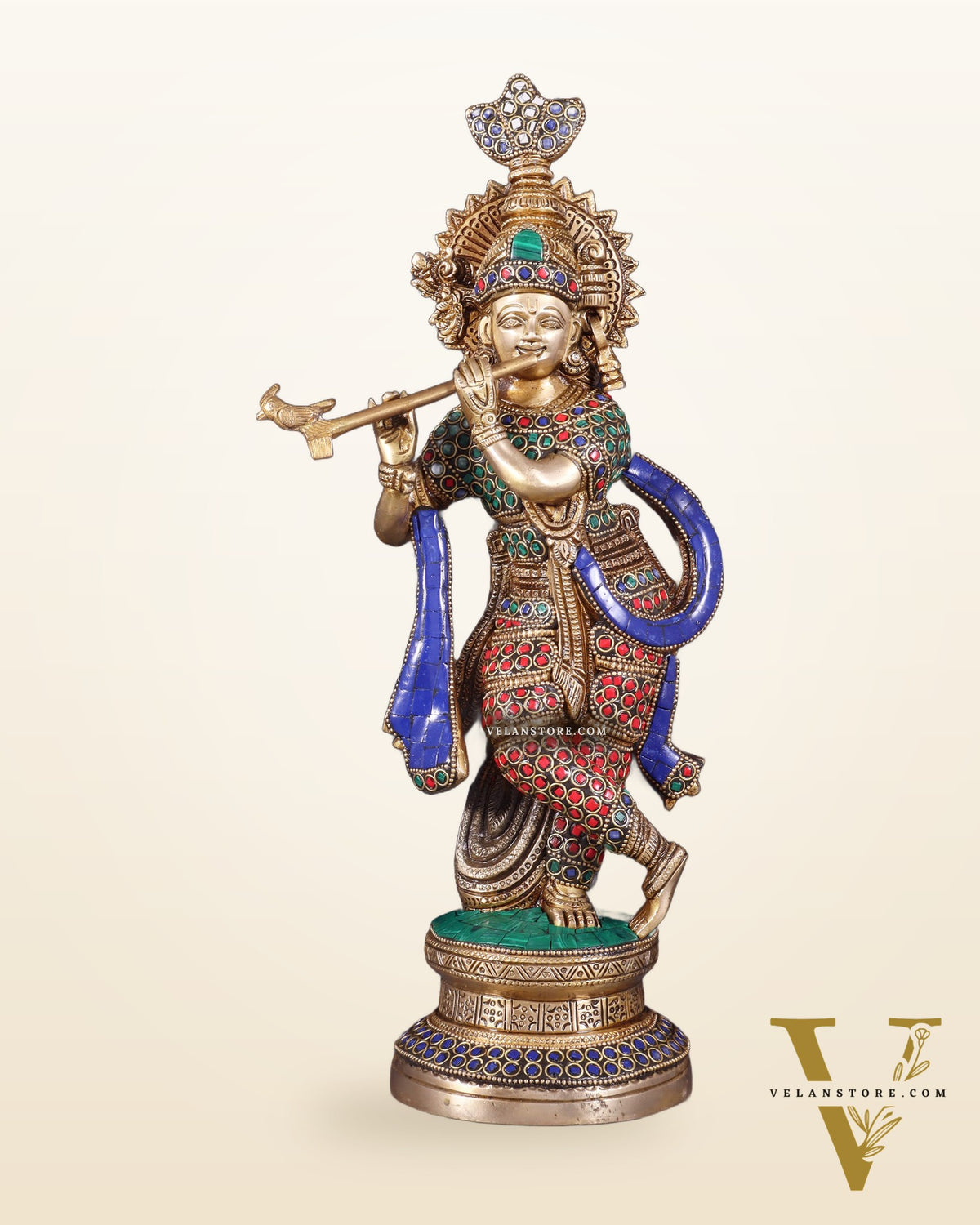 Pure Brass Lord Krishna Unique Statue | 15.5" meenakari Stonework