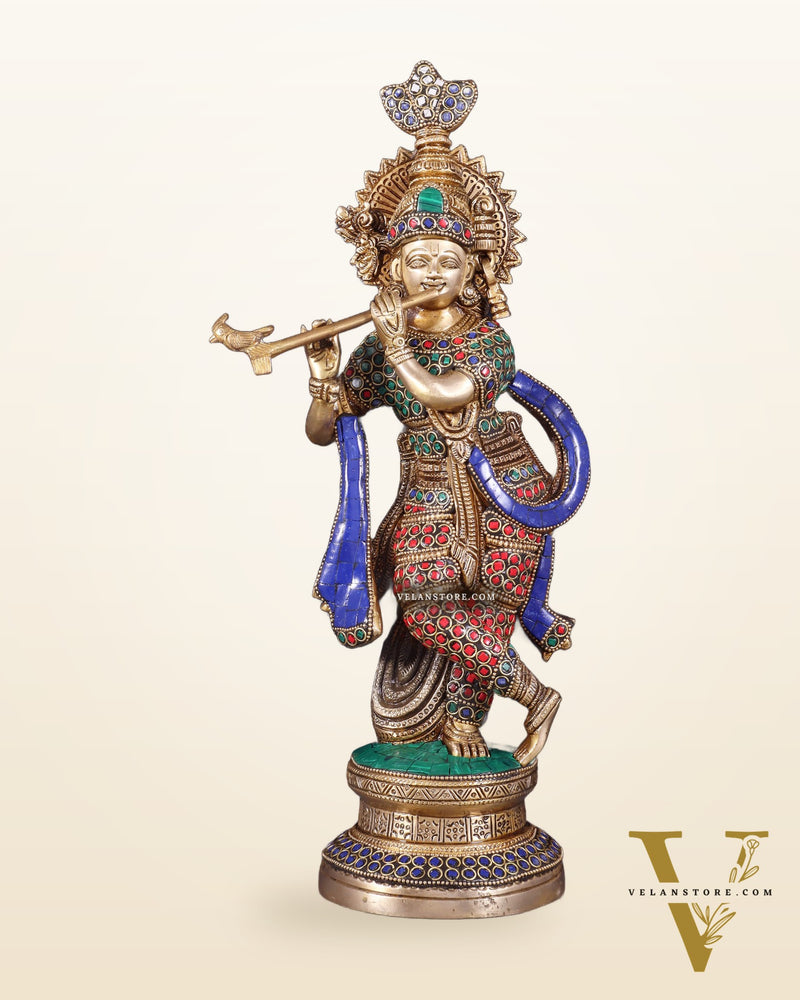 Pure Brass Lord Krishna Unique Statue | 15.5" meenakari Stonework