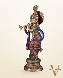 Pure Brass Lord Krishna Unique Statue | 15.5" meenakari Stonework