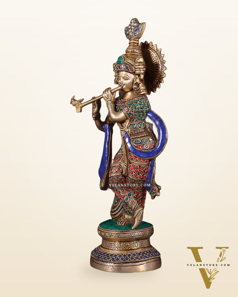 Pure Brass Lord Krishna Unique Statue | 15.5" meenakari Stonework
