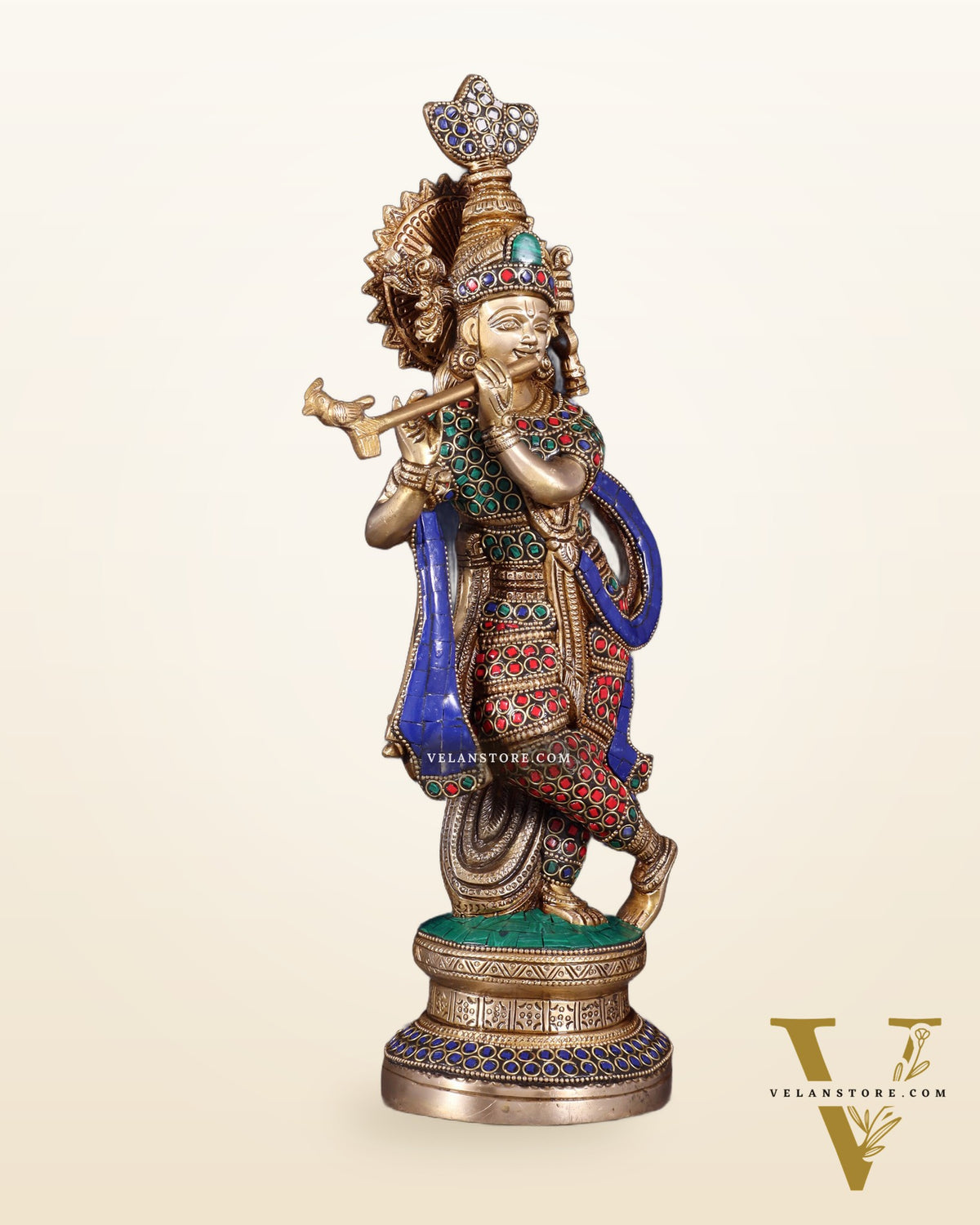 Pure Brass Lord Krishna Unique Statue | 15.5" meenakari Stonework