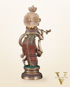 Pure Brass Lord Krishna Unique Statue | 15.5" meenakari Stonework