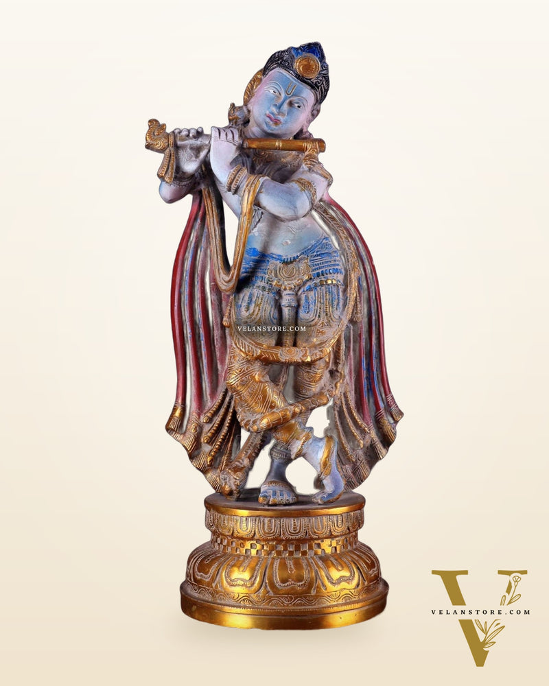 Pure Brass Lord Krishna Vintage Hand-Painted Sculpture 18.5"