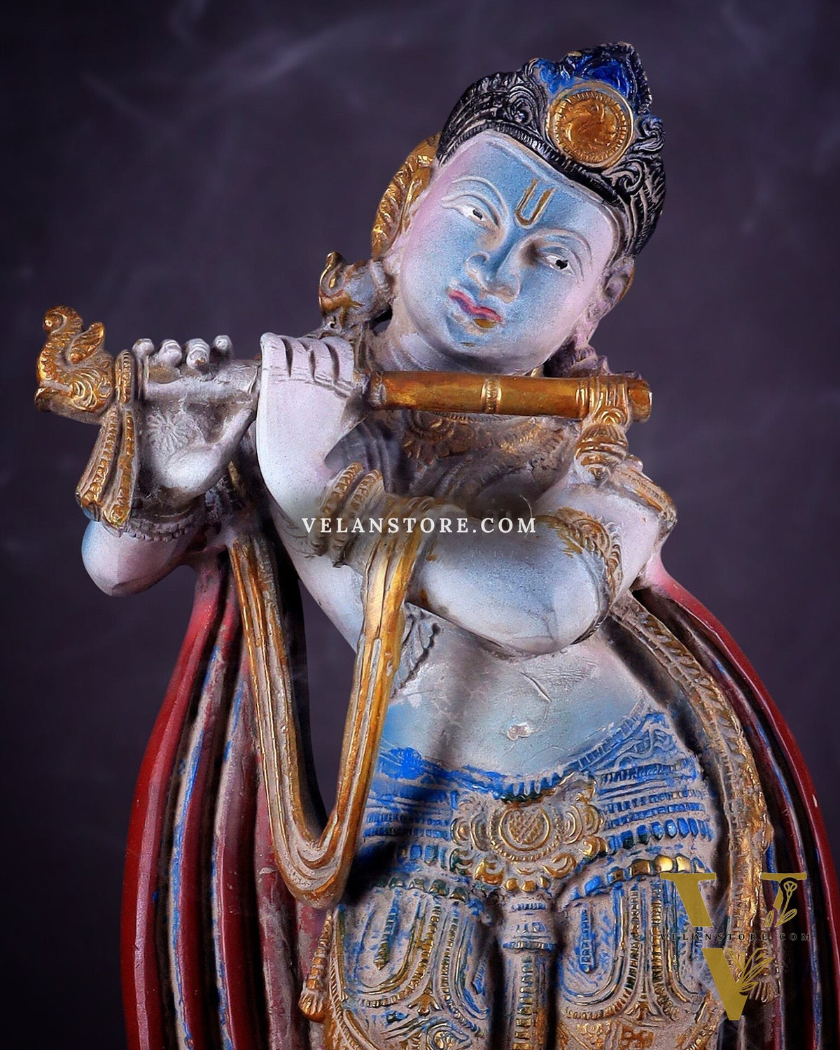 Pure Brass Lord Krishna Vintage Hand-Painted Sculpture 18.5"