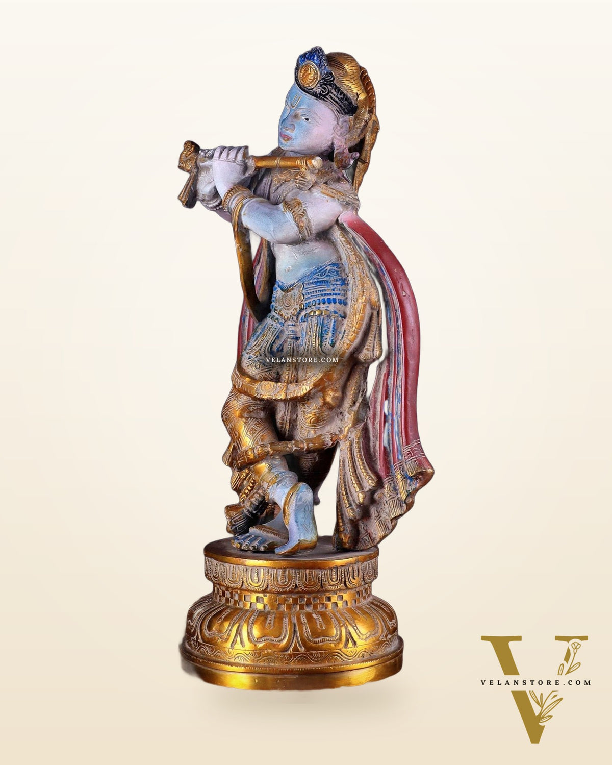 Pure Brass Lord Krishna Vintage Hand-Painted Sculpture 18.5"