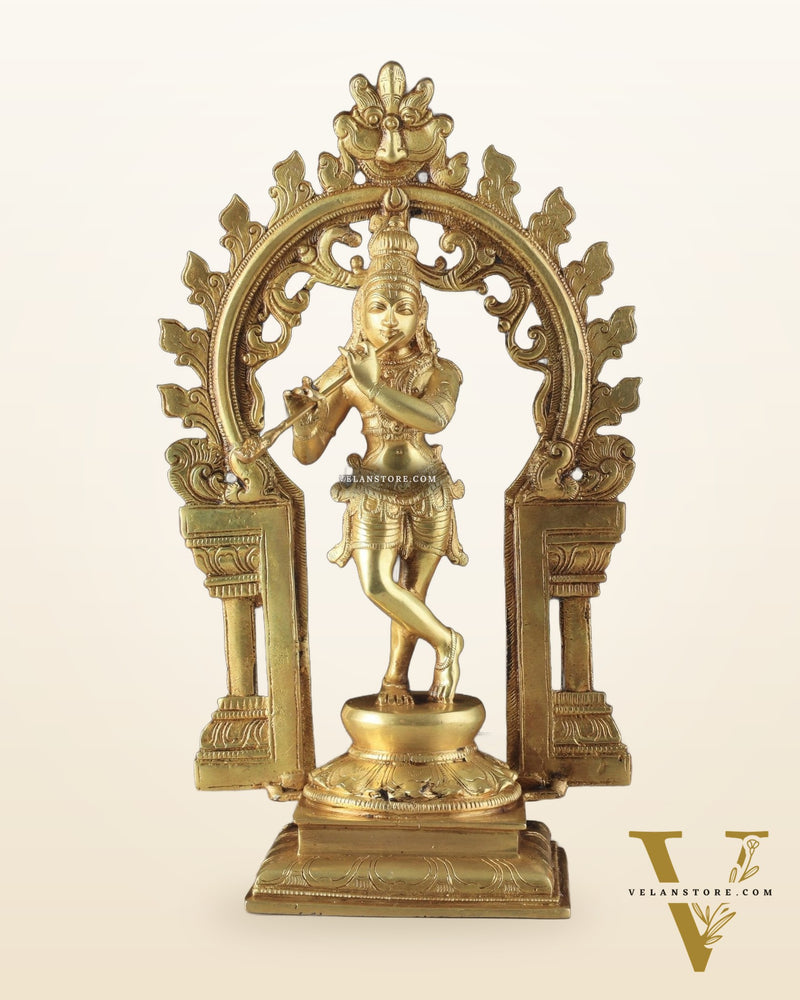 Pure Brass Lord Krishna with Celestial Aura Prabhavali Idol 12.5" golden