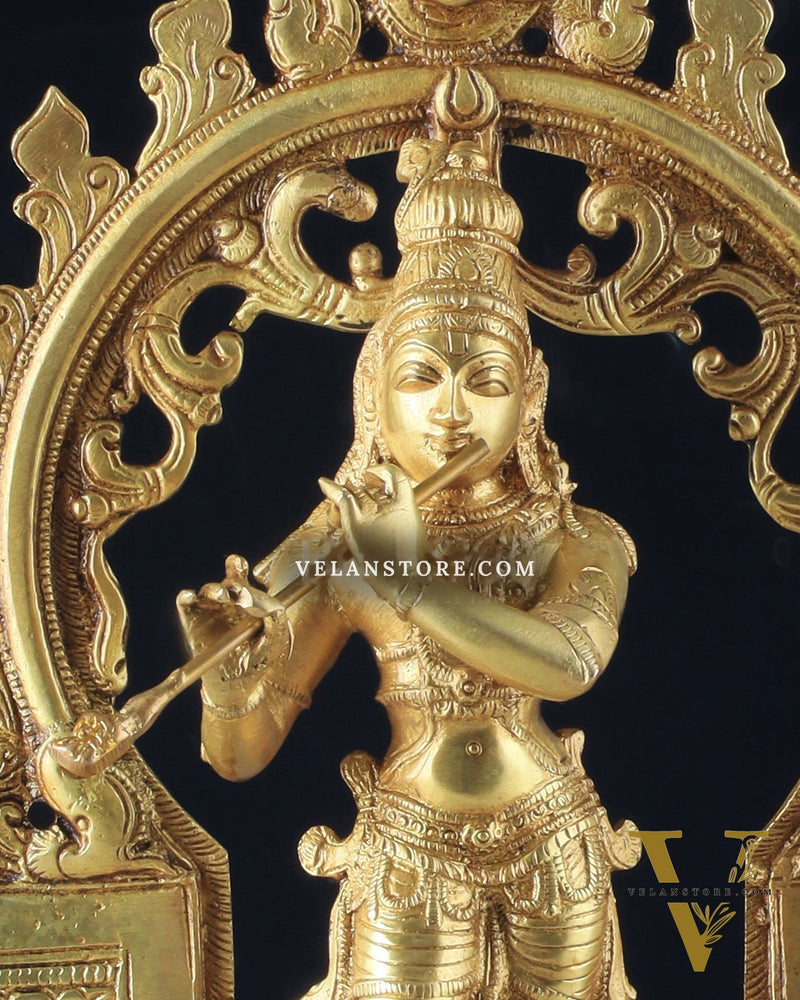 Pure Brass Lord Krishna with Celestial Aura Prabhavali Idol 12.5" golden