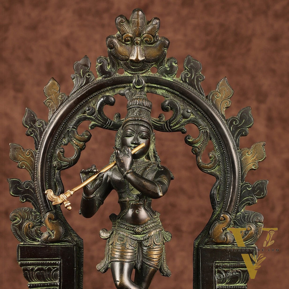 Pure Brass Lord Krishna with Celestial Aura Prabhavali Idol 12.5"