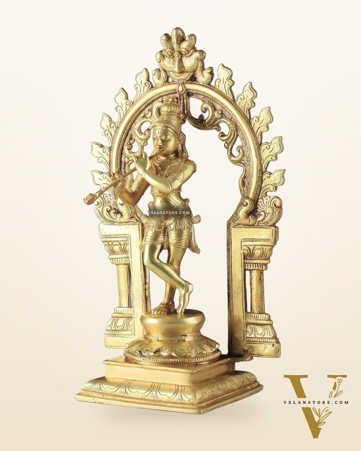 Pure Brass Lord Krishna with Celestial Aura Prabhavali Idol 12.5" golden