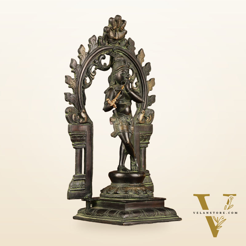 Pure Brass Lord Krishna with Celestial Aura Prabhavali Idol 12.5"