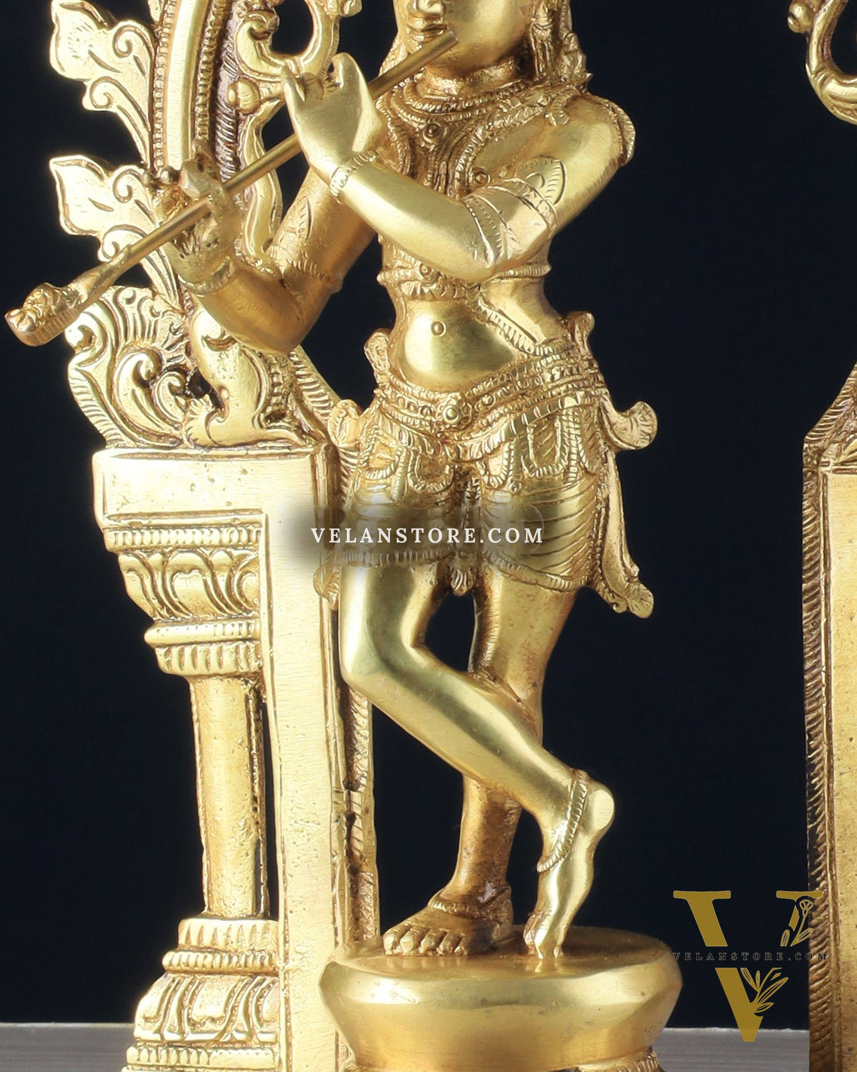 Pure Brass Lord Krishna with Celestial Aura Prabhavali Idol 12.5" golden