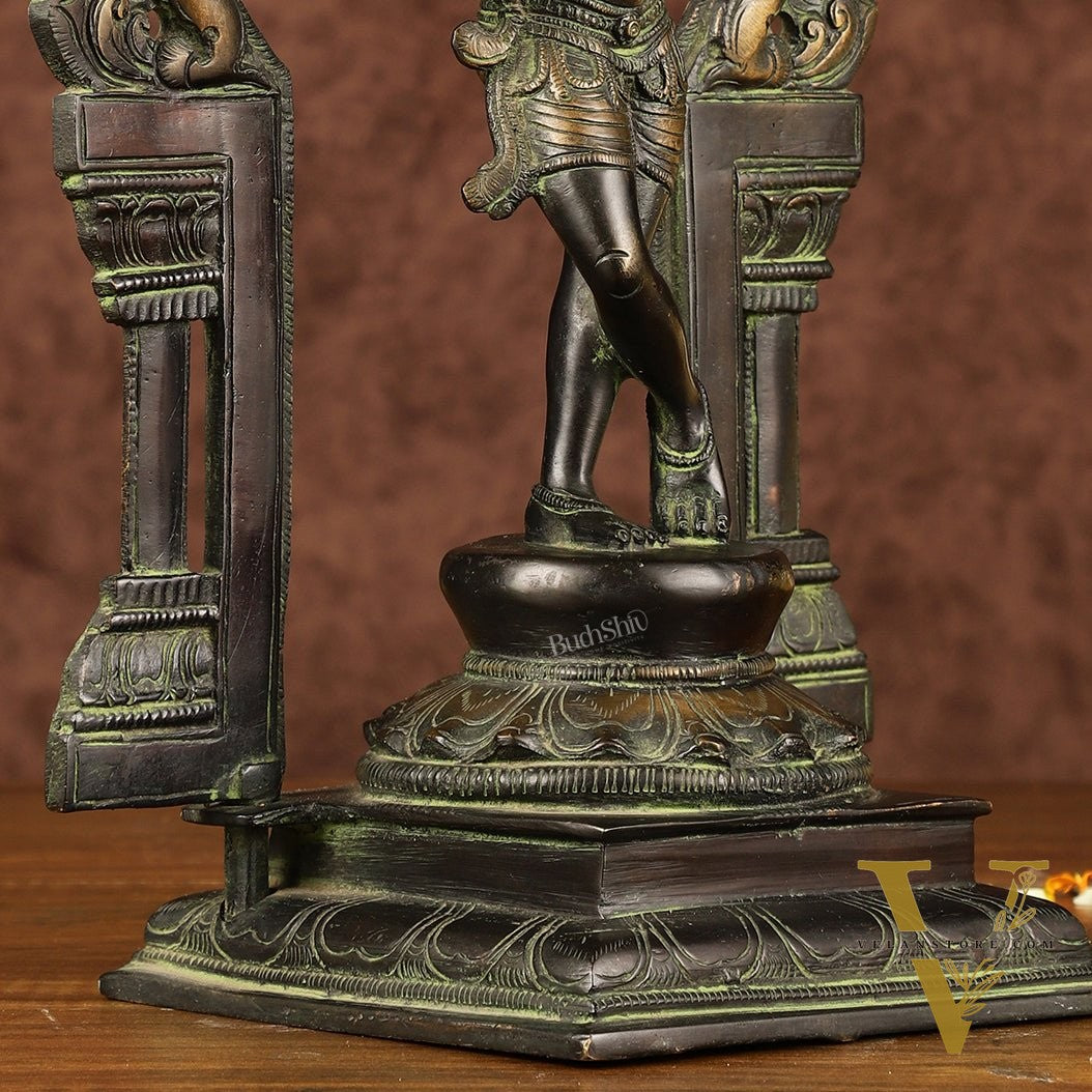 Pure Brass Lord Krishna with Celestial Aura Prabhavali Idol 12.5"