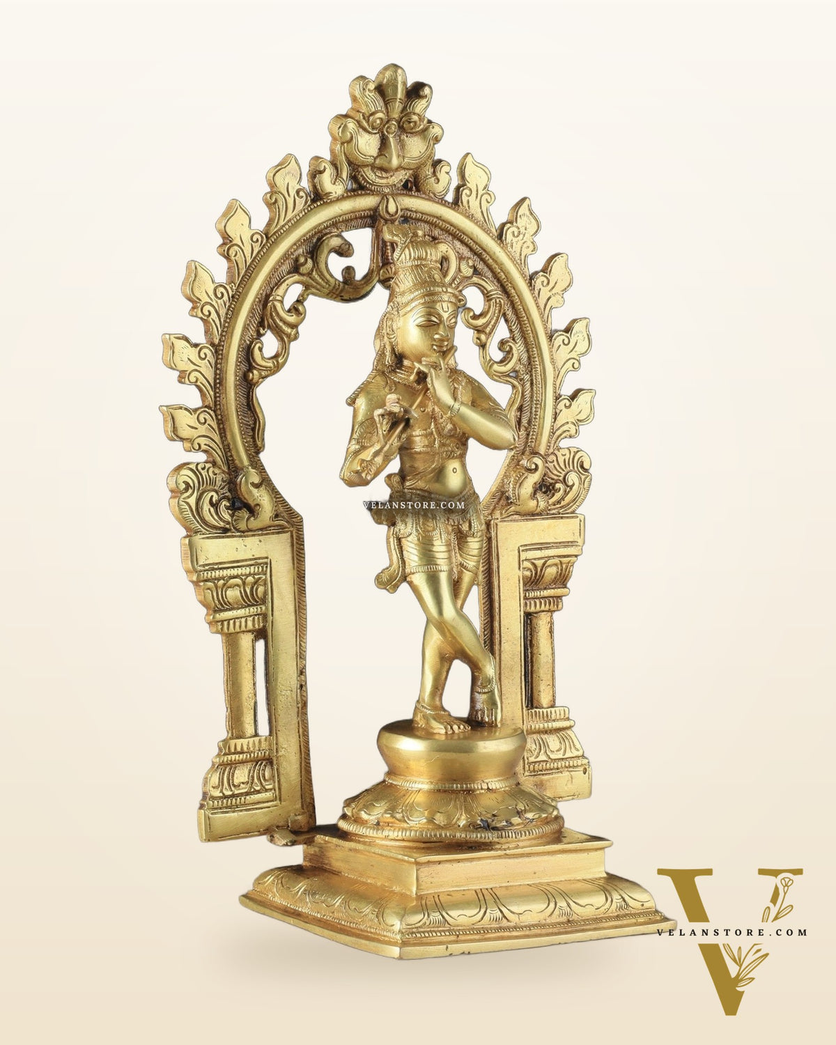 Pure Brass Lord Krishna with Celestial Aura Prabhavali Idol 12.5" golden