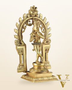 Pure Brass Lord Krishna with Celestial Aura Prabhavali Idol 12.5" golden