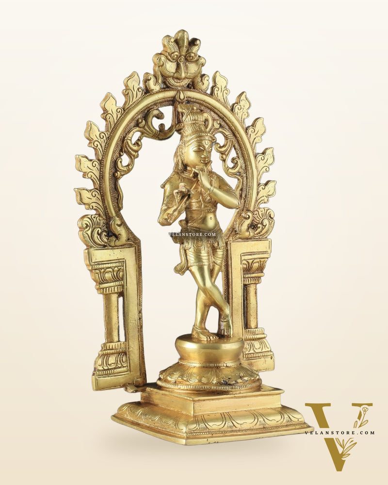 Pure Brass Lord Krishna with Celestial Aura Prabhavali Idol 12.5" golden