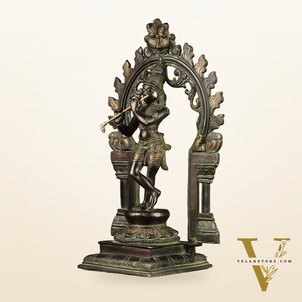 Pure Brass Lord Krishna with Celestial Aura Prabhavali Idol 12.5"