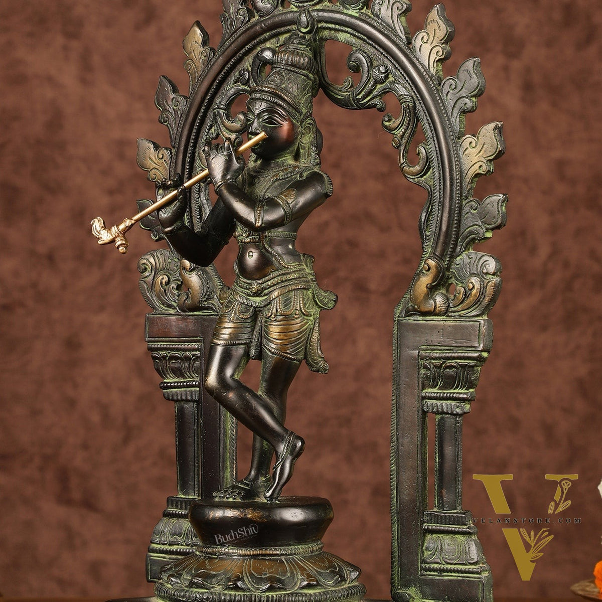Pure Brass Lord Krishna with Celestial Aura Prabhavali Idol 12.5"