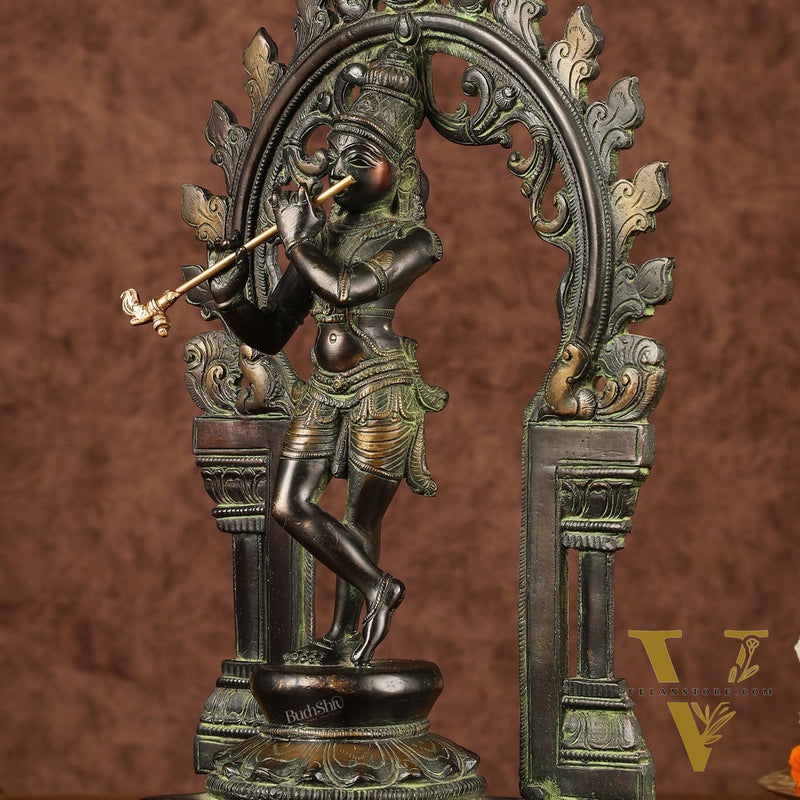 Pure Brass Lord Krishna with Celestial Aura Prabhavali Idol 12.5"