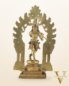 Pure Brass Lord Krishna with Celestial Aura Prabhavali Idol 12.5" golden