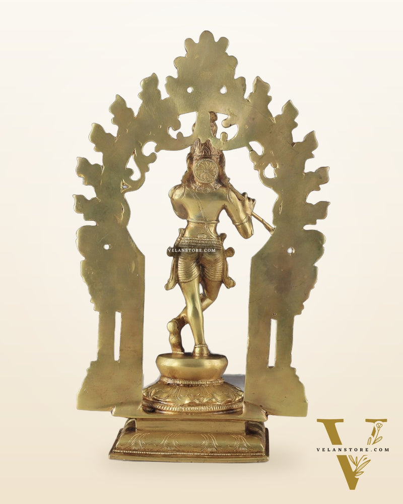 Pure Brass Lord Krishna with Celestial Aura Prabhavali Idol 12.5" golden