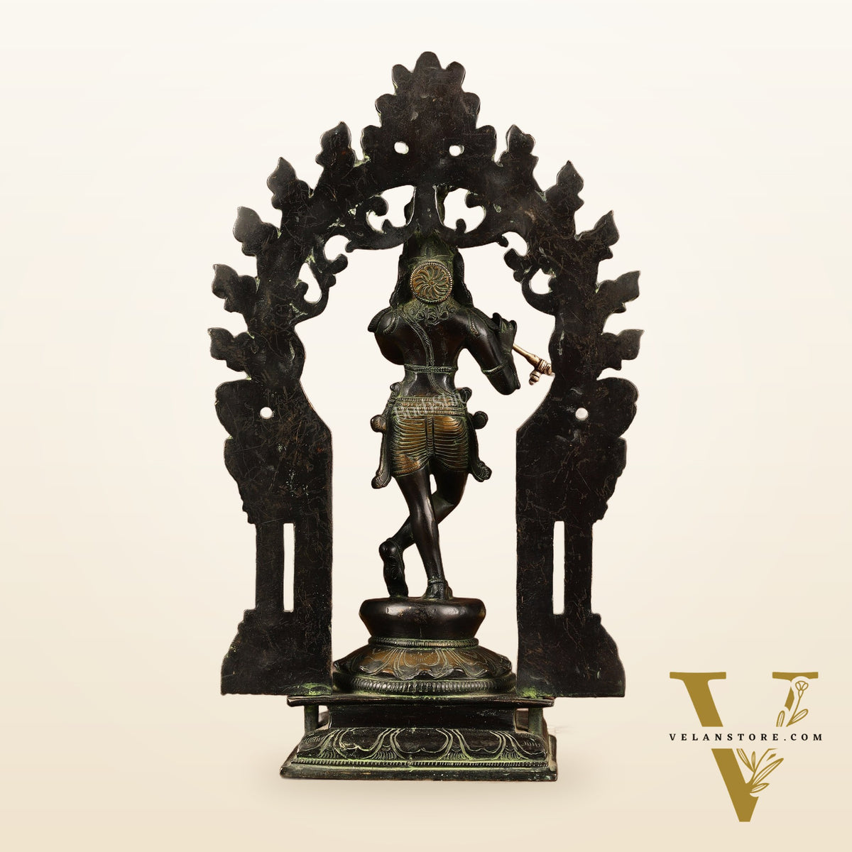 Pure Brass Lord Krishna with Celestial Aura Prabhavali Idol 12.5"