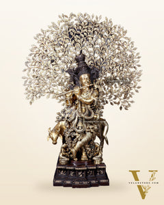 Pure Brass Lord Krishna with Cow and Kalpavriksha Tree – Large Idol 39"