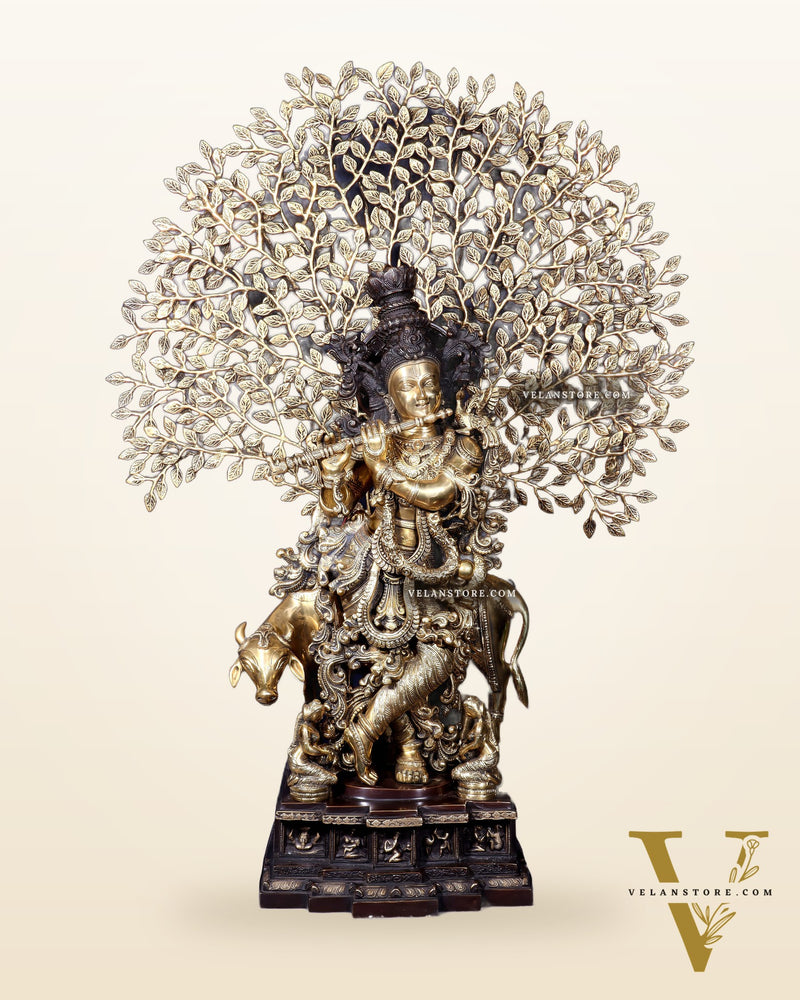 Pure Brass Lord Krishna with Cow and Kalpavriksha Tree – Large Idol 39"